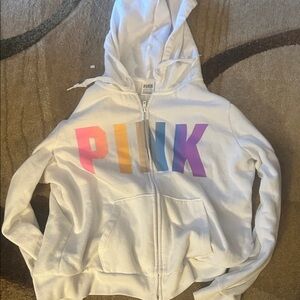 PINK Victoria's Secret White Zip Hoodie with Multicolor PINK Logo
